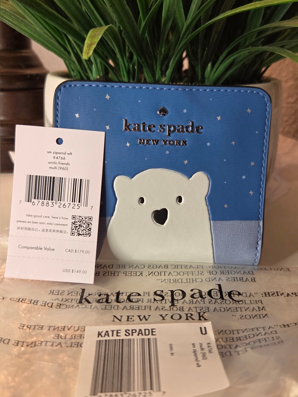 Kate Spade Arctic Friends Polar Bear Small Zip Around Wallet K4766 NWT